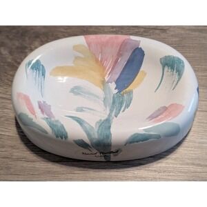 Vintage Ceramic‎ Soap Dish Riviera Hand Painted USA White Abstract Floral Pastel